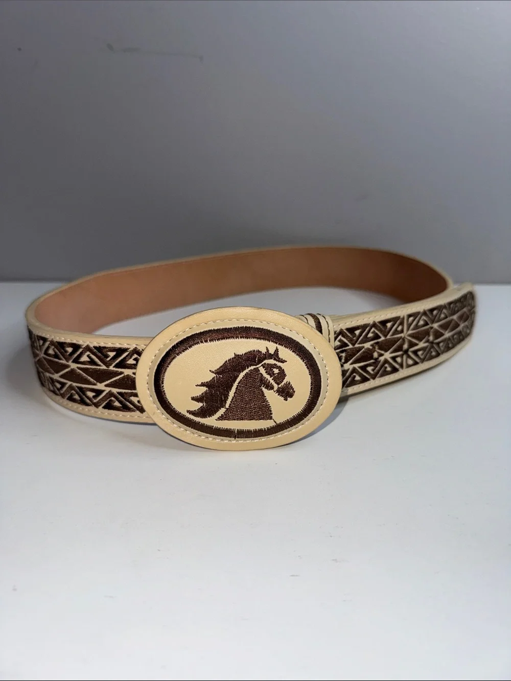 YAC Genuine Leather Horse Western Belt Cream & Brown Embroidered Size 38
